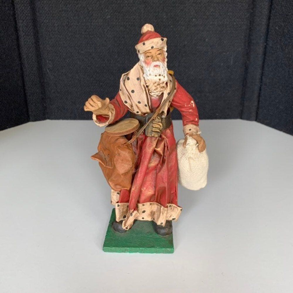 Vintage Red Paper Mache Santa Figurine Made Italy Backpack Polka Dot Trim figure